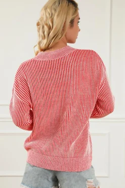 Discount Dear-Lover Striped Print Ribbed Trim Round Neck Sweater Fiery Red