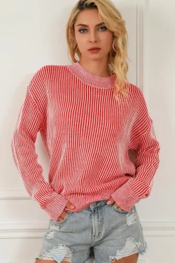 Discount Dear-Lover Striped Print Ribbed Trim Round Neck Sweater Fiery Red