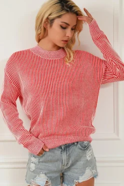 Discount Dear-Lover Striped Print Ribbed Trim Round Neck Sweater Fiery Red