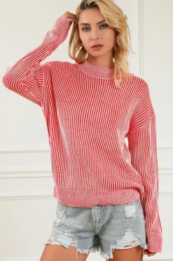 Discount Dear-Lover Striped Print Ribbed Trim Round Neck Sweater Fiery Red