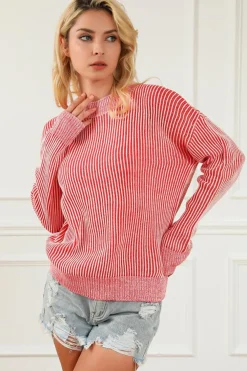 Discount Dear-Lover Striped Print Ribbed Trim Round Neck Sweater Fiery Red