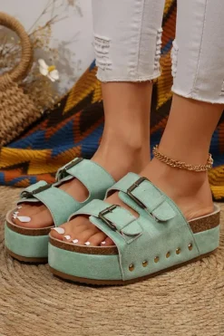 Hot Dear-Lover Suede Buckle Decor Footbed Sandal Slippers Light Blue