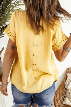 Best Dear-Lover Swiss Dot Lace Splicing Short Sleeve Top Yellow