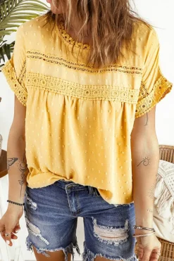 Best Dear-Lover Swiss Dot Lace Splicing Short Sleeve Top Yellow