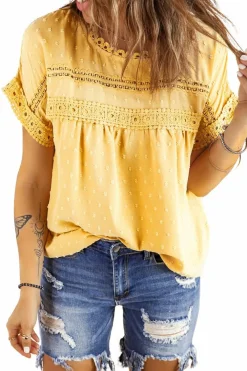 Best Dear-Lover Swiss Dot Lace Splicing Short Sleeve Top Yellow