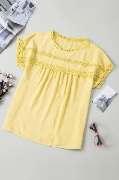 Best Dear-Lover Swiss Dot Lace Splicing Short Sleeve Top Yellow