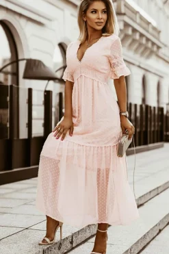 Clearance Dear-Lover Swiss Dot Lace Trim Maxi Dress Pink