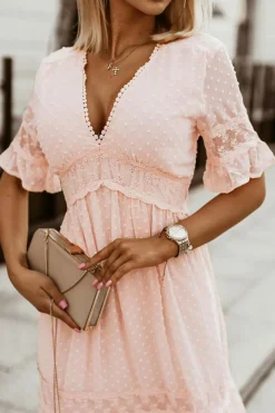 Clearance Dear-Lover Swiss Dot Lace Trim Maxi Dress Pink
