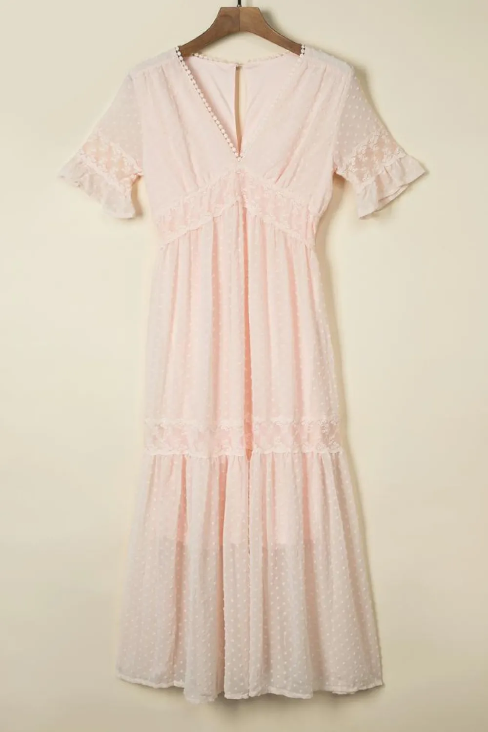 Clearance Dear-Lover Swiss Dot Lace Trim Maxi Dress Pink