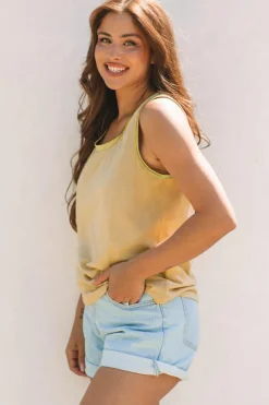 New Dear-Lover Metallic Sheen Edge Scoop Neck k Top Tan