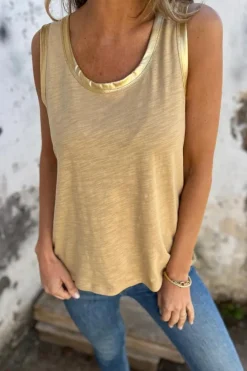 New Dear-Lover Metallic Sheen Edge Scoop Neck k Top Tan