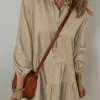 Fashion Dear-Lover Puff Sleeve Buttoned Tiered Pleated Shirt Mini Dress Tan