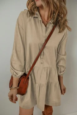 Fashion Dear-Lover Puff Sleeve Buttoned Tiered Pleated Shirt Mini Dress Tan