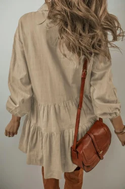 Fashion Dear-Lover Puff Sleeve Buttoned Tiered Pleated Shirt Mini Dress Tan