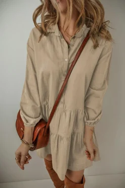 Fashion Dear-Lover Puff Sleeve Buttoned Tiered Pleated Shirt Mini Dress Tan