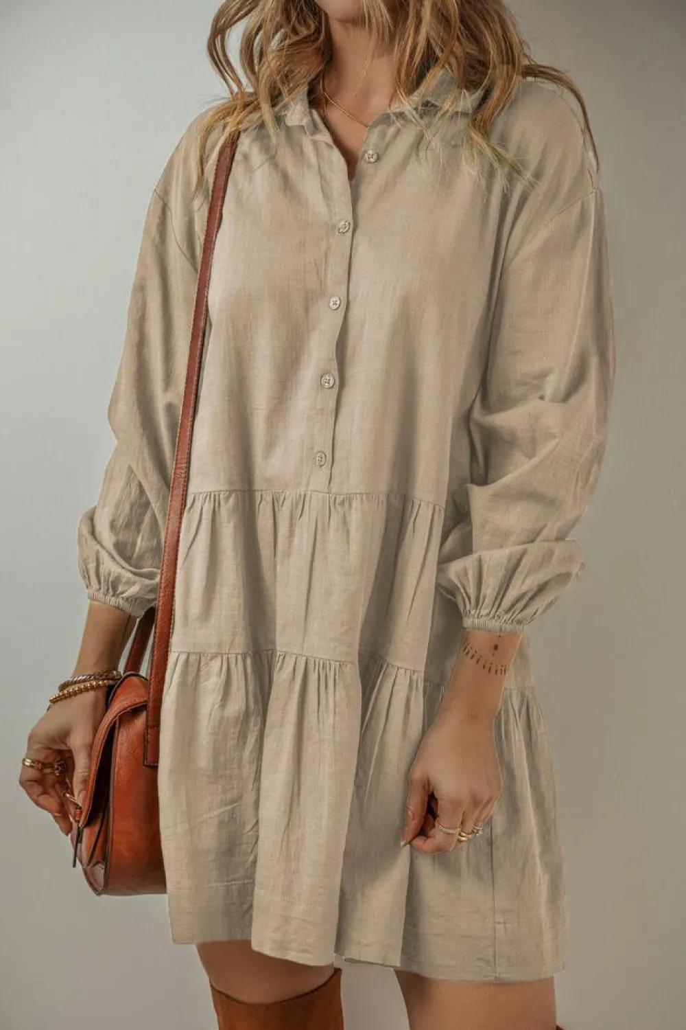 Fashion Dear-Lover Puff Sleeve Buttoned Tiered Pleated Shirt Mini Dress Tan