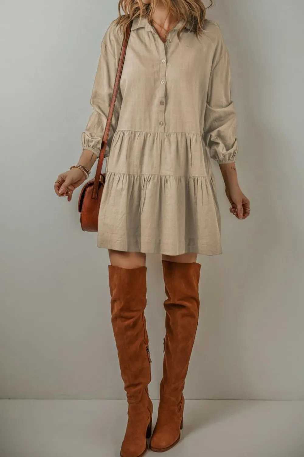 Fashion Dear-Lover Puff Sleeve Buttoned Tiered Pleated Shirt Mini Dress Tan