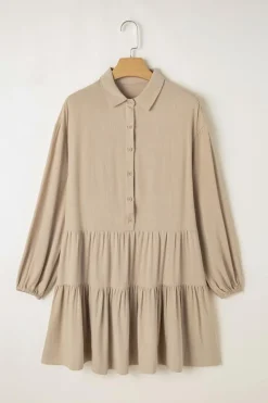 Fashion Dear-Lover Puff Sleeve Buttoned Tiered Pleated Shirt Mini Dress Tan