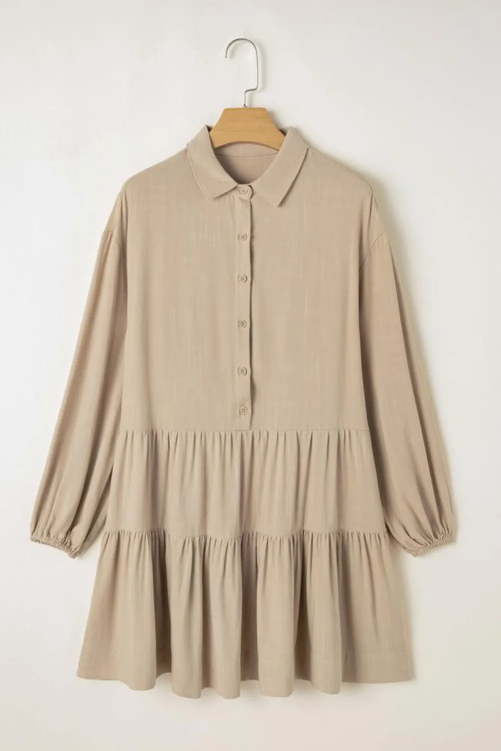 Fashion Dear-Lover Puff Sleeve Buttoned Tiered Pleated Shirt Mini Dress Tan