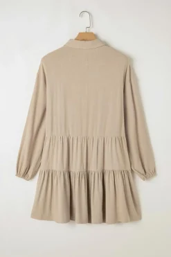 Fashion Dear-Lover Puff Sleeve Buttoned Tiered Pleated Shirt Mini Dress Tan