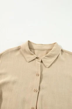 Fashion Dear-Lover Puff Sleeve Buttoned Tiered Pleated Shirt Mini Dress Tan