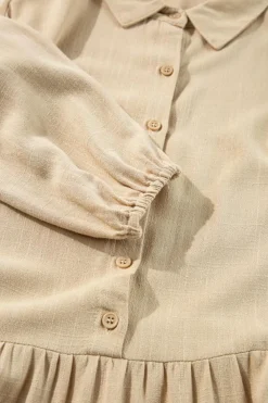 Fashion Dear-Lover Puff Sleeve Buttoned Tiered Pleated Shirt Mini Dress Tan