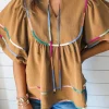 Best Dear-Lover Colorful Trim Wide Short Sleeve V Neck Blouse Thai Curry