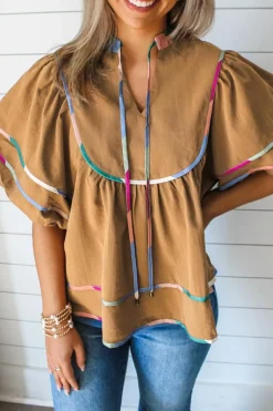 Best Dear-Lover Colorful Trim Wide Short Sleeve V Neck Blouse Thai Curry