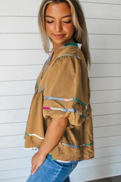 Best Dear-Lover Colorful Trim Wide Short Sleeve V Neck Blouse Thai Curry