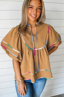 Best Dear-Lover Colorful Trim Wide Short Sleeve V Neck Blouse Thai Curry