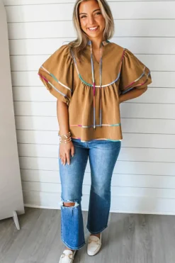 Best Dear-Lover Colorful Trim Wide Short Sleeve V Neck Blouse Thai Curry