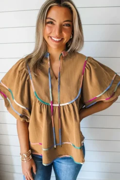 Best Dear-Lover Colorful Trim Wide Short Sleeve V Neck Blouse Thai Curry