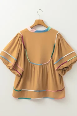Best Dear-Lover Colorful Trim Wide Short Sleeve V Neck Blouse Thai Curry