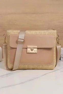 New Dear-Lover Leather Pocket Patchwork Straw Woven Shoulder Bag Thai Curry