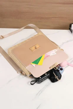 New Dear-Lover Leather Pocket Patchwork Straw Woven Shoulder Bag Thai Curry