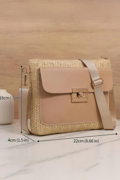 New Dear-Lover Leather Pocket Patchwork Straw Woven Shoulder Bag Thai Curry