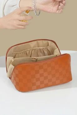 Hot Dear-Lover PU Leather Checkered Large Makeup Bag with Handle Thai Curry