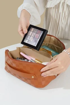 Hot Dear-Lover PU Leather Checkered Large Makeup Bag with Handle Thai Curry