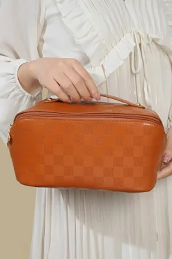 Hot Dear-Lover PU Leather Checkered Large Makeup Bag with Handle Thai Curry