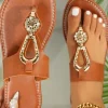 Online Dear-Lover Rhinestone Decor Clip Toe Faux Leather Flat Slippers Thai Curry
