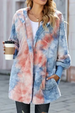 Clearance Dear-Lover Tie Dye Soft Fleece Hooded Open Front Coat Orange