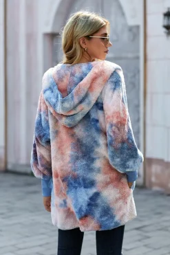 Clearance Dear-Lover Tie Dye Soft Fleece Hooded Open Front Coat Orange