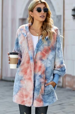 Clearance Dear-Lover Tie Dye Soft Fleece Hooded Open Front Coat Orange