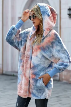 Clearance Dear-Lover Tie Dye Soft Fleece Hooded Open Front Coat Orange