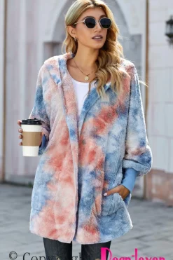 Clearance Dear-Lover Tie Dye Soft Fleece Hooded Open Front Coat Orange