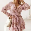 Hot Dear-Lover Tie Waist Layered Ruffle Hem Dotted Print Short Dress Pink-2