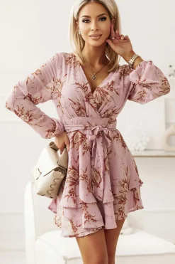 Hot Dear-Lover Tie Waist Layered Ruffle Hem Dotted Print Short Dress Pink-2