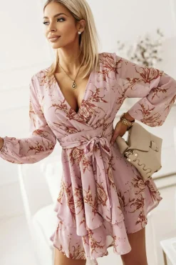 Hot Dear-Lover Tie Waist Layered Ruffle Hem Dotted Print Short Dress Pink-2