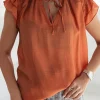 Outlet Dear-Lover Tiered Ruffled Drawstring V Neck Top Fiery Red