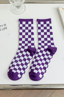New Dear-Lover Checkerboard Print Tube Socks Tillandsia Purple